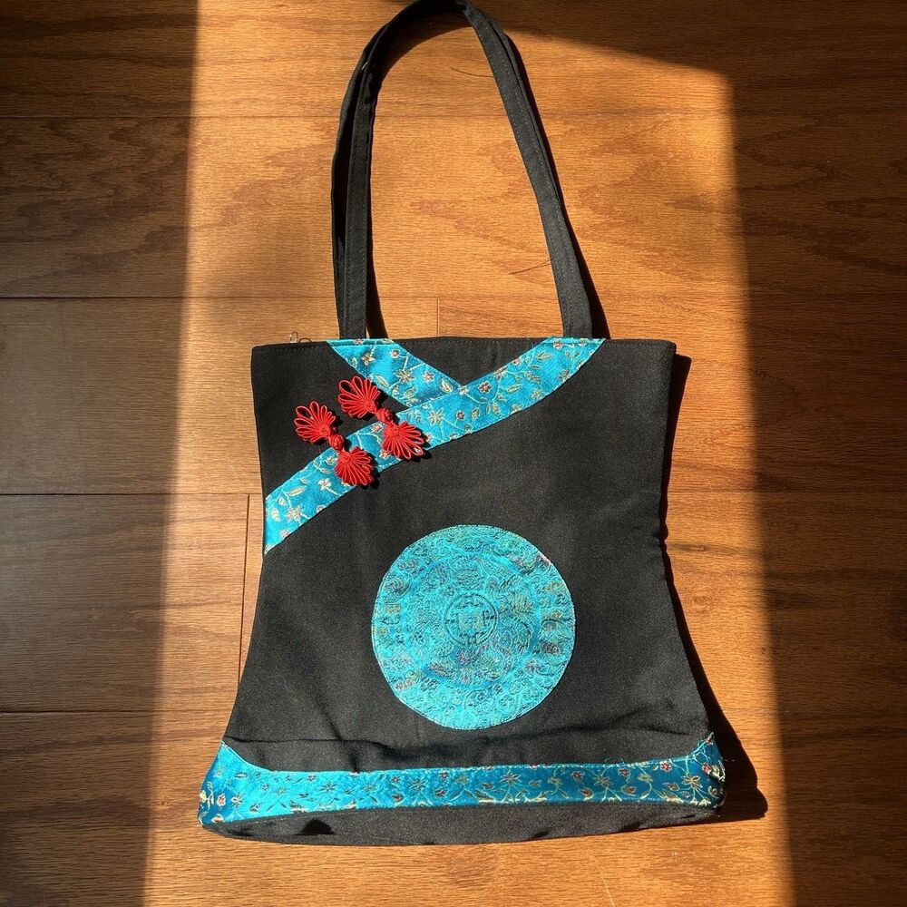 Oriental Silk Handbag Black With Turquoise Brocade Vintage‎